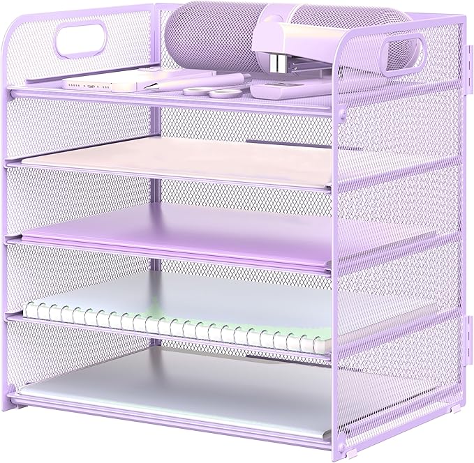 Letter Tray Paper Organizer 5-Tier Desk Organizer File Organizer Paper Holder with Handle, Metal Desktop Document Shelf Tray Office Classroom Organization - Purple