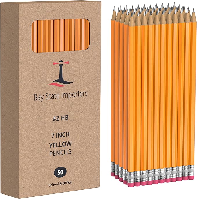 #2 Pencils 50 Pack, Pre-Sharpened HB Wood-Cased Yellow Pencil with Erasers, Bulk School Pencils for Classroom, Office, Teachers, Writing & Drawing