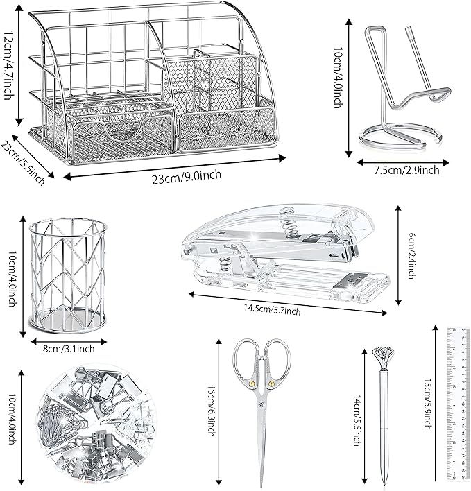Silver Desk Organizers and Accessories Office Supplies Set Stapler, Pen Holder, Phone Holder, Scissors, Pen, Ruler, 30 Paper Clips, 22 Binder Clip, 20 Tacks and 1000pcs Staples