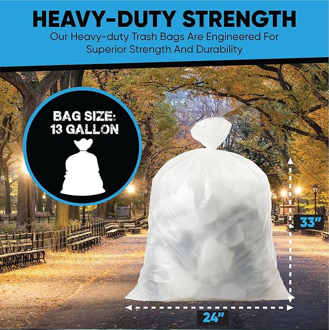 Clear 13 Gallon Trash Bags – Bulk 1000 Count – Tall Kitchen Garbage Bags – 13 Gal Unscented Plastic Can Liners for Bathroom, Office, Janitorial, Commercial, Industrial, Municipal – Drawstring-Free