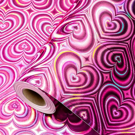 Yarcony Pink Wrapping Paper, Mini Roll, Holographic Hearts Wrapping Paper, Valentine's Day Present Paper for Lover Anniversary, Wedding, Mother's Day, Birthday, Romantic Occasions (17 Inch X 33 Feet)