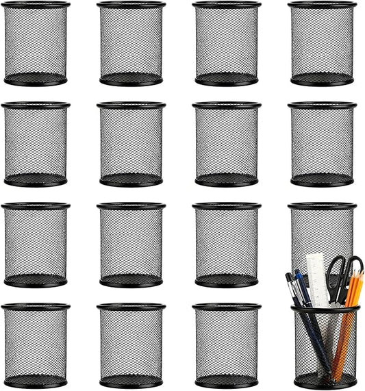 12 Pack Metal Mesh Pen Holder, Wire Pencil Cups, Pen Organizer for Desk Office Black - 3.8 x 3.5 in