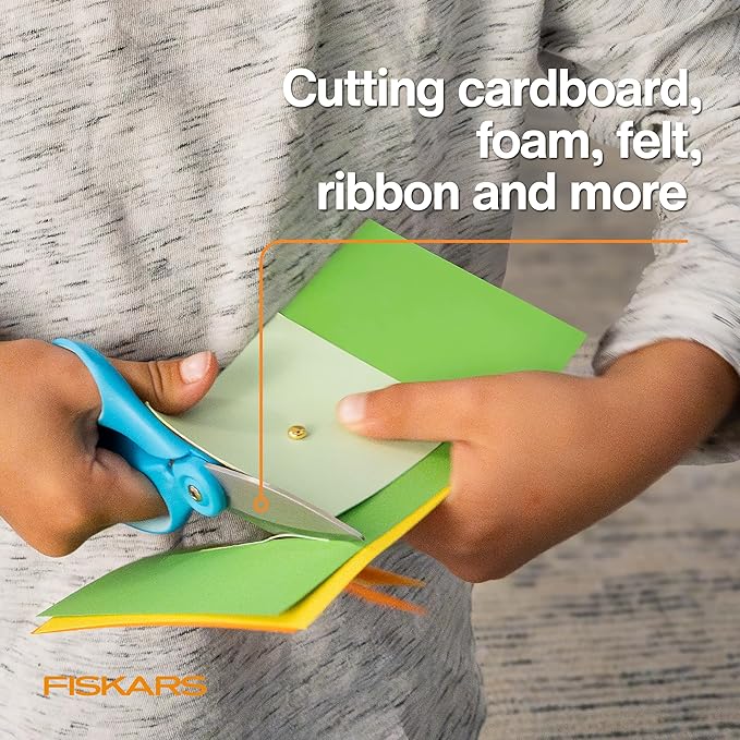 Fiskars Kids Super Scissors – Cutting Power for Cardboard, Foam, Felt & More with SoftGrip Handles, For Crafting and School Supplies, 6 inches