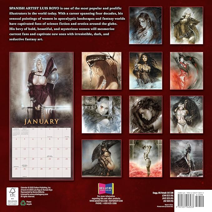 The Fantasy Art of Royo 2026 Wall Calendar, 16-Month Dark Fantasy Art & Illustration Calendar, 12" x 12", Monthly Calendar 2026 Planner with Large Grids for Office or Home, Includes 2025 Bonus Months