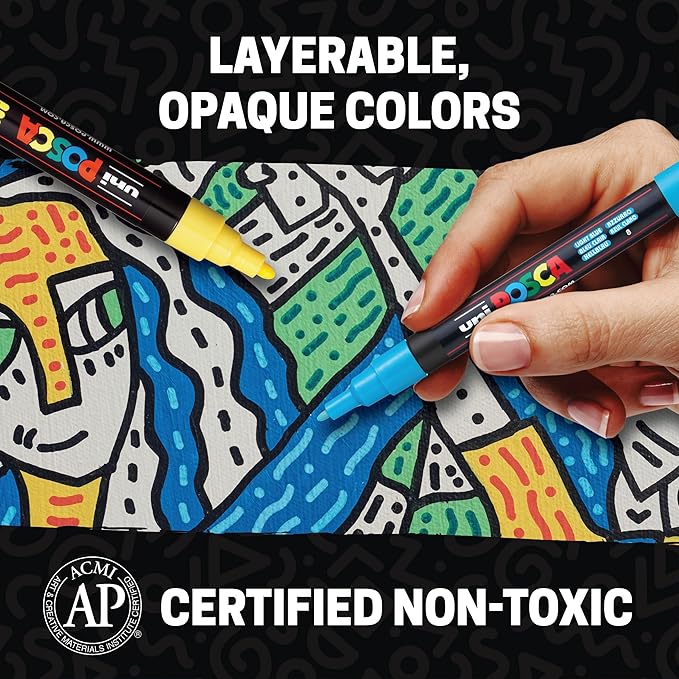 Uni Posca Paint Markers, 5M Medium Acrylic Markers with Reversible Tips, Artist Recommended For Gifts, Decorations, Fabric, Metal, Glass, Wood and Canvas, Assorted Colors, Set of 29