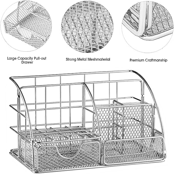 Silver Desk Organizers and Accessories Office Supplies Set Stapler, Pen Holder, Phone Holder, Scissors, Pen, Ruler, 30 Paper Clips, 22 Binder Clip, 20 Tacks and 1000pcs Staples