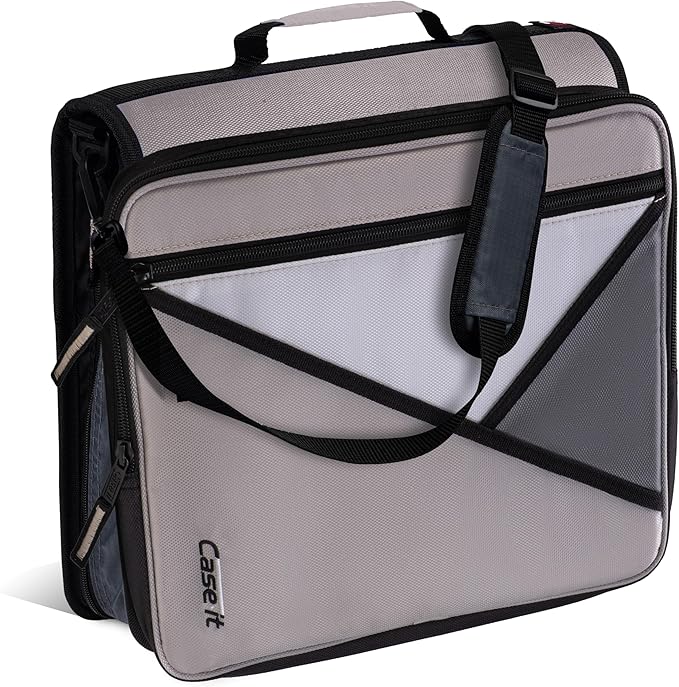Case-it Universal Zipper Binder | 2-Inch O-Rings, 13-Inch Laptop/Tablet Padded Pocket, 400 Sheet Capacity, Multiple Storage Pockets & Shoulder Strap | School & Office Organizer | LT-007 Warm Gray