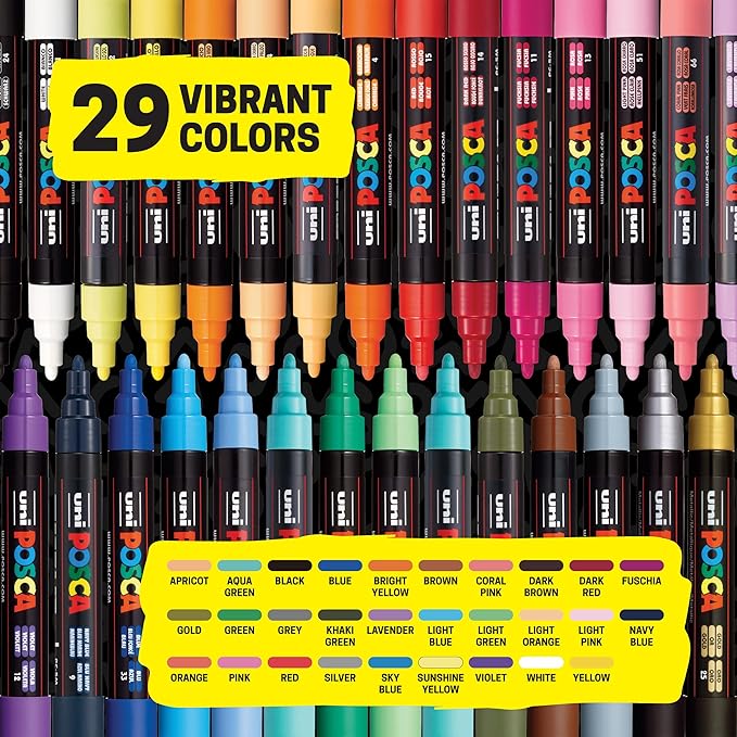 Uni Posca Paint Markers, 5M Medium Acrylic Markers with Reversible Tips, Artist Recommended For Gifts, Decorations, Fabric, Metal, Glass, Wood and Canvas, Assorted Colors, Set of 29