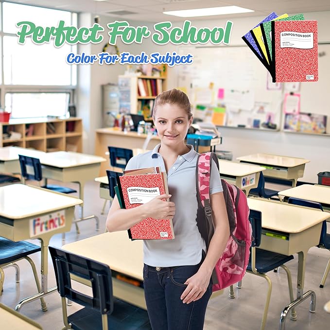 Composition Notebooks, (Assorted Colors), Wide Ruled Composition Notebook, Marble Composition Notebook, 100 Sheets, 200 Pages (4 Pack)