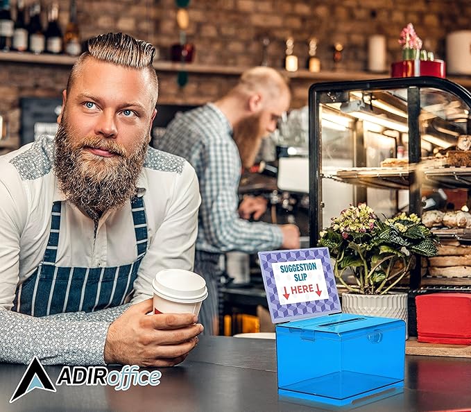 AdirOffice Crystal Blue Acrylic Donation Box with Lock - Multipurpose Suggestion Box for Office, Fundraisers, or School Voting - 6.25x4.5x4 Inches