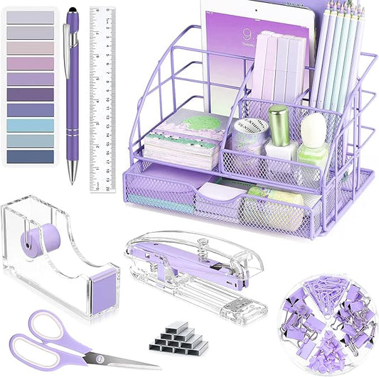 Purple Desk Organizers and Accessories, Purple Office Supplies with Mesh Desk Organizer, Acrylic Tape Dispenser and Stapler, Staples, Ballpoint Pen, Clips Set, Ruler, Scissor, Sticky Labels