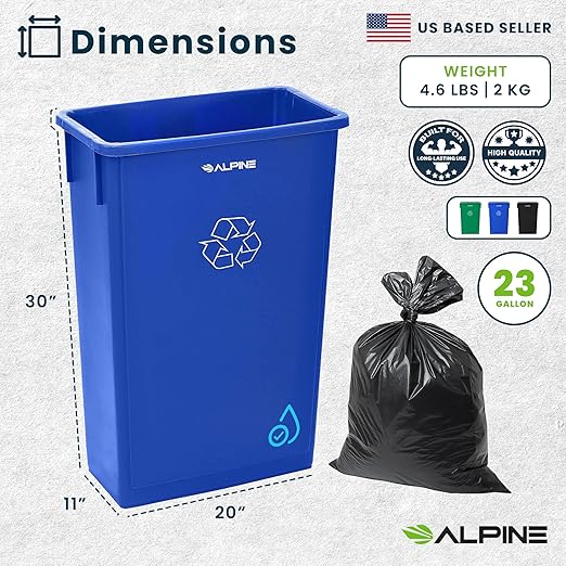 Alpine 23 Gallon Slim Recycling & Trash Bin Set – 3-Pack Blue/Black/Green Plastic Narrow Open-Top Garbage Cans for Office, Home, School & Commercial Use