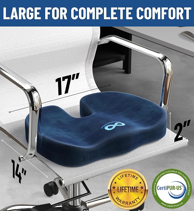 Everlasting Comfort Doctor Recommended Memory Foam Seat Cushion for Office Chairs & Car - Ergonomic Office Desk Accessories - Cushions for Tailbone Pain Relief, Sciatica (Navy Blue, Large)