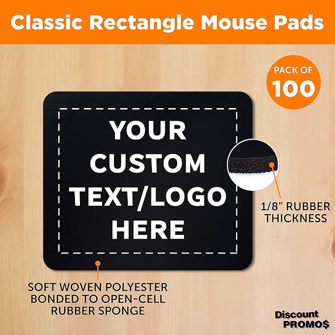 Custom Rectangle Mousepads Set of 100, Personalized Bulk Pack - Great Gift for Employees, Clients, and for Tradeshows - Black