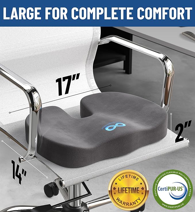 Everlasting Comfort Doctor Recommended Memory Foam Seat Cushion for Office Chairs & Car - Ergonomic Office Desk Accessories - Cushions for Tailbone Pain Relief, Sciatica (Gray, Large)