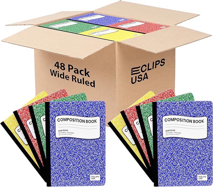 E-CLIPS USA Composition Notebooks, (Assorted Colors), Ruled Composition Notebook, Marble Composition Notebook, 100 sheets, 200 Pages (48 Pack Bulk)