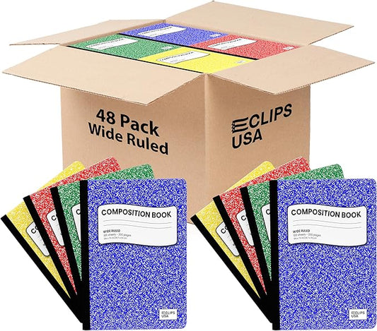E-CLIPS USA Composition Notebooks, (Assorted Colors), Ruled Composition Notebook, Marble Composition Notebook, 100 sheets, 200 Pages (48 Pack Bulk)