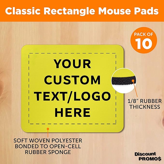Custom Rectangle Mousepads Set of 10, Personalized Bulk Pack - Great Gift for Employees, Clients, and for Tradeshows - Yellow