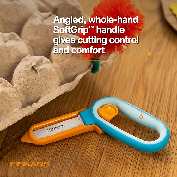 Fiskars Kids Cardboard Creator – Safer Cardboard Cutting Tool with Ergonomic SoftGrip Handle, For Craft and School Supplies, 5 inches