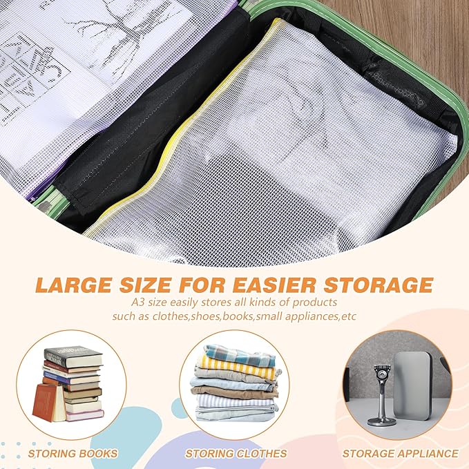 24PCS Mesh Zipper Pouch Bags, A3 17x12 Inches Waterproof Plastic File Puzzle Storage Bags 8 Colors Large Reusable Clear Travel Pouches for Organizing Board Game Office Home School Supplies