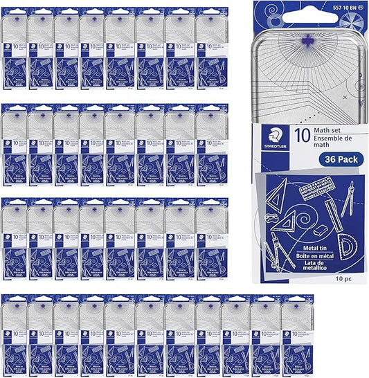 STAEDTLER 10-Piece Math Set with Metal Compass 12-Pack (12 Sets of 10 pcs), 6" Ruler & Triangle Squares, 45° & 30/60° Set Squares, Alphabet Stencil - Measuring Tools, 120 Count