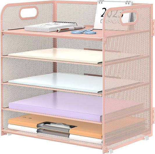 Supeasy 5 Trays Paper Organizer Letter Tray with Handle-Mesh Desk File Organizer, Paper Sorter Desk Organizer for Office, Home or School